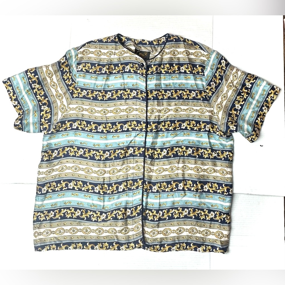 Corey B Women’s 2X 2XL 100% Silk Blouse Top Button Down Vintage Gold‎ Blue Bold
